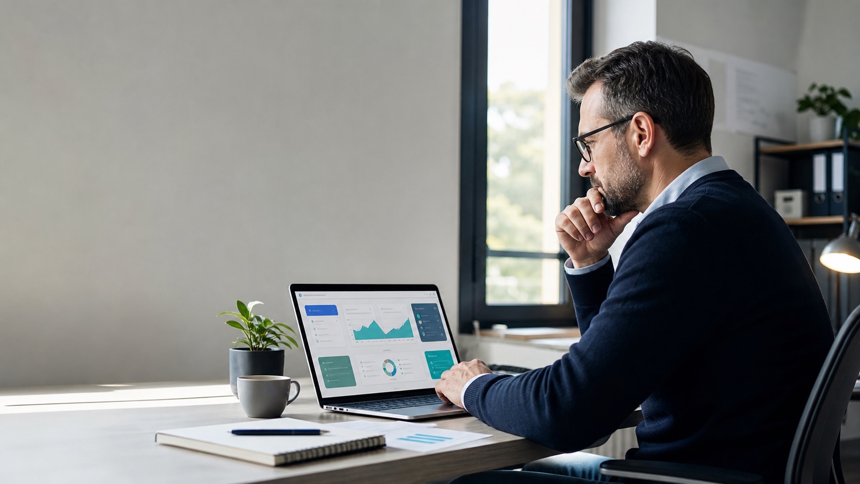 Vezető AI-támogatott működési dashboardot néz egy irodában