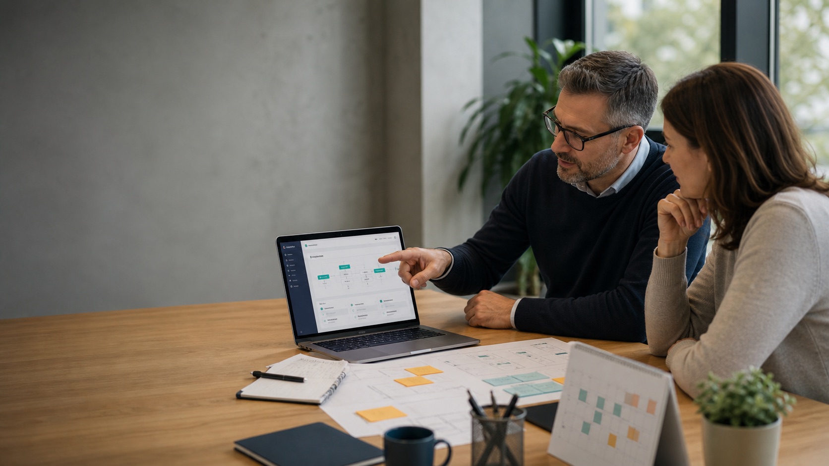 Vezető és tanácsadó webes workflow prototípust néz laptopon